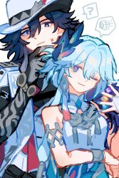  1boy 1girl armlet ashveil_(honkai:_star_rail) black_hair blue_eyes bracelet commentary_request dice earrings grey_eyes hair_between_eyes highres honkai:_star_rail honkai_(series) jewelry long_hair nail_polish necklace one_eye_closed peacock_feathers_hair_ornament prosthesis prosthetic_arm single_earring sleeveless u_y_str white_hair yao_guang_(honkai:_star_rail) 