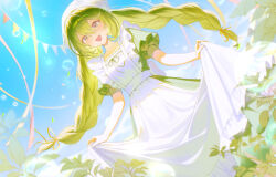  1girl 2isis6_v :d apron blue_sky braid braided_twintails colorful commentary day double-parted_bangs dress dutch_angle feet_out_of_frame floating_hair frilled_apron frills green_dress green_hair hair_between_eyes holding_own_dress long_bangs long_hair maid_apron open_mouth outdoors overlighting puffy_short_sleeves puffy_sleeves short_sleeves sky smile solo standing stellive summer very_long_hair violet_eyes virtual_youtuber white_apron yuzuha_riko 