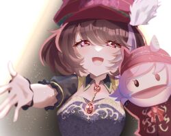  1girl animal_ears black_dress black_wrist_cuffs blush breasts brown_hair burning_as_one_(umamusume) disney_o626 dress ear_covers ears_through_headwear gem hair_between_eyes hand_puppet hat highres horse_ears horse_girl marche_lorraine_(umamusume) mismatched_ear_covers multicolored_hair open_mouth puppet red_cat red_gem short_sleeves smile umamusume upper_body violet_eyes wrist_cuffs 