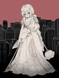  1girl akane_(mahoiku) armor building city commentary_request highres holding holding_sword holding_weapon katana long_hair long_skirt looking_at_viewer magical_girl mahou_shoujo_ikusei_keikaku mahou_shoujo_ikusei_keikaku_restart pink_background shoulder_armor skirt sword weapon yomo_gigyoza 
