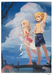  1boy 1girl :d absurdres alamp alternate_costume antenna_hair blonde_hair bow braid drawstring flipped_hair green_eyes grey_hair hair_ornament hairclip highres innertube lifebuoy light_smile long_hair makaino_ririmu male_swimwear midriff navel nijisanji one-piece_swimsuit open_clothes open_shirt outdoors pink_eyes pink_one-piece_swimsuit pointy_ears sandals short_hair sidelocks single_off_shoulder smile swim_ring swim_trunks swimsuit twin_braids uzuki_kou white_bow 