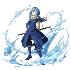  1other :d artist_request black_pants blue_coat blue_hair boots brown_scarf coat full_body fur-trimmed_boots fur-trimmed_sleeves fur_scarf fur_trim game_asset grand_summoners grin hand_up knee_boots long_sleeves looking_at_viewer medium_hair official_art open_mouth pants rimuru_tempest scabbard scarf sheath sheathed simple_background slime_(substance) smile solo standing sword tensei_shitara_slime_datta_ken third-party_source transparent_background weapon yellow_eyes 