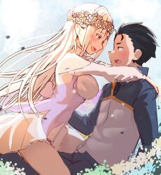  1boy 1girl arms_around_another's_back bare_shoulders black_hair blush braid breasts crown_braid dress elf emilia_(re:zero) face-to-face flower hair_slicked_back head_wreath highres jacket long_hair long_sleeves medium_breasts natsuki_subaru official_alternate_costume open_mouth outdoors pointy_ears portuguese_commentary re:zero_kara_hajimeru_isekai_seikatsu short_hair smile straddling track_jacket track_suit violet_eyes white_hair zerobarto 