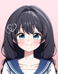  1girl absurdres black_hair blue_eyes blue_pupils blue_sailor_collar blush charachan900 closed_mouth commentary_request gradient_background hair_intakes hair_ornament heart heart_hair_ornament highres korean_commentary long_hair pink_background portrait sailor_collar sailor_shirt school_uniform shirayuki_hina shirt smile solo stellive straight-on virtual_youtuber white_shirt 