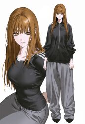  1girl black_jacket black_shirt brown_eyes brown_hair commentary_request dyk7xg expressionless full_body grey_pants highres jacket korean_commentary long_hair looking_at_viewer multiple_views pants shirt side_stripes simple_background solo sweatpants t-shirt track_jacket white_background 