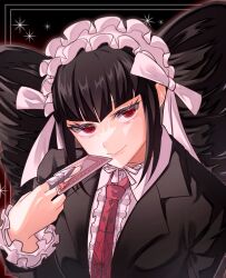  1girl black_hair black_jacket black_nails bonnet card celestia_ludenberg center_frills commentary_request danganronpa:_trigger_happy_havoc danganronpa_(series) drill_hair earrings frills gothic_lolita highres holding holding_card jacket jewelry lolita_fashion long_hair long_sleeves looking_at_viewer mai_duo nail_polish necktie playing_card red_eyes red_necktie shirt smile solo twin_drills twintails 