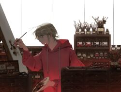  blonde_hair bopuragi8 canvas_(object) closed_mouth commentary_request drawing_(action) expressionless from_side holding holding_brush hood korean_commentary original piercing red_eyes red_hood short_hair white_background 