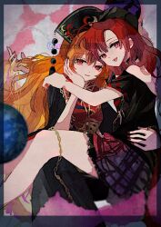  2girls black_dress black_shirt blonde_hair character_name commentary_request crescent_print dalachi_(headdress) dress earth_(ornament) emimi_(emimi_28) hand_on_another's_back hecatia_lapislazuli junko_(touhou) long_hair looking_at_viewer medium_hair miniskirt multiple_girls open_mouth red_eyes red_hair red_tabard shirt sitting sitting_on_lap sitting_on_person skirt strapless strapless_shirt tabard touhou underworld_(ornament) very_long_hair 