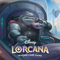  1boy absurdres alien binoculars cockpit copyright_name disney_lorcana english_commentary english_text gantu_(disney) highres holding holding_binoculars lilo_&amp;_stitch looking_down looking_to_the_side luis_huerta official_art open_mouth sitting 
