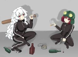  2girls alpha_(alpha_1918) alternate_costume baseball_bat black_jacket black_pants black_shoes british_/chug/_drawfag buhanka-chan cigarette drawfag gopnik gun handgun highres holding holding_baseball_bat holding_gun holding_weapon jacket long_hair makarov_pm missing_hair_ornament multiple_girls open_mouth original pants red_eyes red_hair russo-ukrainian_war shoes smoking squatting track_jacket very_long_hair weapon z_(russian_symbol) 