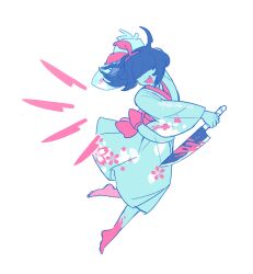  1girl aqua_(deltarune) aqua_kimono aqua_skin barefoot black_hair blood blood_on_feet blood_on_knife colored_skin commentary deltarune english_commentary fang floral_print floral_print_kimono full_body hair_over_eyes hair_ribbon highres holding holding_knife japanese_clothes kimono knife open_mouth print_kimono red_ribbon ribbon smile solo utdr_(toby_fox) vrainal white_background 