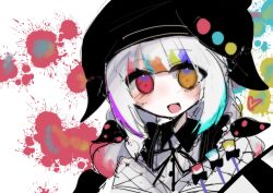  1girl :d beret black_hat bow collared_shirt colored_tips commentary contrast_collar hair_bow hat heart heterochromia highres jogasaki_noah long_hair looking_at_viewer mahou_shoujo_no_majo_saiban multi-tied_hair multicolored_eyes multicolored_hair neck_ribbon off_shoulder paint_splatter paintbrush polka_dot polka_dot_bow red_eyes ribbon shirt smile solo streaked_hair t9x9n untranslatable_commentary upper_body white_background white_hair white_shirt yellow_eyes 