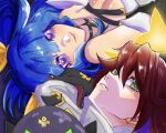  2girls ankh bare_shoulders blue_hair compass_rose_halo dizzy_(guilty_gear) green_eyes grey_mask guilty_gear guilty_gear_strive hair_ribbon hair_rings halo highres jack-o&#039;_valentine long_hair looking_at_viewer mother_and_daughter multiple_girls pumpkin_mask redhead ribbon smile too_many_belts twintails violet_eyes yellow_ribbon zorb11s 