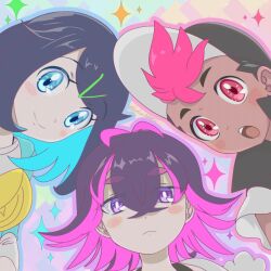  1boy 2girls absurdres baseball_cap black_hair black_hat blue_eyes bright_pupils closed_mouth colored_inner_hair commentary_request dot_(pokemon) frown hair_between_eyes hair_ornament hairclip hat highres liko_(pokemon) multicolored_hair multiple_girls open_mouth pokemon pokemon_(anime) pokemon_horizons reverse_trap roy_(pokemon) runachikku smile sparkle violet_eyes white_pupils 