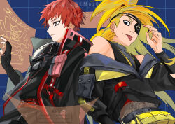  2boys absurdres asymmetrical_bangs belt black_eyeliner black_nails blonde_hair blue_eyes brown_eyes crop_top dansyaku deidara_(naruto) extra_mouth eyeliner eyepatch fingerless_gloves fishnet_top fishnets gloves goggles goggles_around_neck green_nails high_ponytail highres jacket jewelry long_hair makeup male_focus multiple_boys naruto_(series) naruto_shippuuden official_alternate_costume open_clothes open_jacket ponytail red_hair ring sasori_(naruto) screen short_hair smile tongue tongue_out 