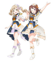  2girls balu_6624 bang_dream! bang_dream!_girls_band_party! blonde_hair boots dress highres ichigaya_arisa jpeg_artifacts long_hair multiple_girls official_alternate_costume open_mouth standing standing_on_one_leg toyama_kasumi twintails violet_eyes wedding_dress white_boots yellow_eyes 