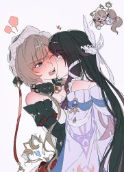  2girls absurdres animalization bird black_hair blue_eyes blush bonnet cat closed_eyes columbina_(genshin_impact) commentary detached_sleeves dress fangs genshin_impact grey_background grey_cat grey_hair head_wings heart highres illusion_moon kiss kissing_cheek long_hair multicolored_hair multiple_girls off-shoulder_dress off_shoulder one_eye_closed open_mouth purple_dress purple_streaks sandrone_(genshin_impact) simple_background streaked_hair white_bonnet winding_key wings yuri 