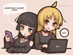  2girls ahoge at_computer black_choker black_hair black_shirt blonde_hair blunt_bangs blush bocchi_the_rock! choker commentary computer english_text face_piercing green_eyes highres holding holding_phone ijichi_seika labret_piercing laptop leaning_on_person long_hair long_sleeves looking_at_phone multiple_girls open_mouth pa-san phone piercing red_eyes shimejimee shirt simple_background speech_bubble untranslatable_commentary 