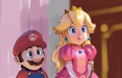  1boy 1girl aqua_eyes blonde_hair blue_overalls blurry blurry_background brown_hair calilo crown dress earrings elbow_gloves facial_hair gloves hat height_difference highres jewelry long_hair mario mustache overalls pink_dress pink_lips princess_peach puffy_short_sleeves puffy_sleeves red_hat red_shirt shirt short_hair short_sleeves super_mario_bros. the_super_mario_bros._movie 