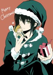  1boy alternate_costume angel_beats! asami_yuriko box character_doll christmas closed_mouth commentary_request cowboy_shot doll dual_wielding fur-trimmed_headwear fur-trimmed_jacket fur-trimmed_sleeves fur_trim gift gift_box green_hair green_hat green_jacket hair_between_eyes hands_up hat heart highres holding holding_doll holding_gift jacket light_blush long_sleeves looking_at_viewer male_focus medium_hair merry_christmas naoi_ayato orange_background otonashi_yuzuru pom_pom_(clothes) santa_costume santa_hat simple_background sitting smile solo yellow_eyes 
