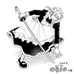  1boy apron black_dress commentary_request crossdressing crossdressing_(mtf) dated dress enmaided greyscale holding holding_sword holding_weapon keiko_(sc_kei) maid maid_apron maid_day maid_headdress male_focus male_maid monochrome open_mouth simple_background solo sword touken_ranbu tsurumaru_kuninaga weapon white_background 