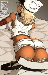   1girl ass ass_focus breasts butt_crack crop_top dark-skinned_female dark_skin from_behind guilty_gear guilty_gear_strive highres huge_ass huge_breasts long_hair looking_back open_mouth posty_postino pov ramlethal_valentine short_shorts shorts solo thigh_gap upper_body white_hair white_shorts wide_hips yellow_eyes