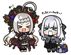  >_< 2girls absurdres add_(fate) ahoge black_bow black_dress black_flower black_shoes black_socks bow braid braided_bangs butterfly_dress cardigan chibi closed_eyes commentary crown detached_sleeves dress fate/grand_order fate_(series) flower gray_(fate) gray_lily_(fate) grey_cardigan grey_hair grey_pantyhose grey_shoes hair_bow hair_flower hair_ornament half_up_braid hand_up highres huge_ahoge light_blush long_hair long_sleeves multiple_girls official_artist_extra open_mouth pantyhose persephone_(fate) shoes signature simple_background smile socks standing sumisu_(rinsumi) translated v-shaped_eyebrows white_background 