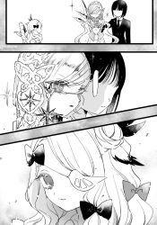  3girls black_hair bow chyll_chyll closed_mouth commentary_request eyepatch hair_ornament highres hime_cut long_hair magical_girl mahou_shoujo_ikusei_keikaku mahou_shoujo_ikusei_keikaku_paradoxical_plot maruino monochrome multiple_girls open_mouth pfle short_hair smile spoilers star_(symbol) star_hair_ornament 
