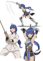  1girl absurdres ahoge armor armored_boots armpits arms_up bare_shoulders black_shirt blue_eyes blue_hair boots breastplate breasts commentary dougi fingerless_gloves gauntlets gloves highres holding holding_sword holding_weapon karate_gi long_hair looking_at_viewer multiple_views mushoku_tensei nina_farion ponytail shirt simple_background small_breasts swinging_weapon sword syagare very_long_hair weapon white_background wooden_sword 
