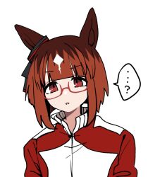  ... 1girl :o ? animal_ears blunt_bangs brown_hair commentary_request confused glasses highres horse_ears horse_girl jacket looking_at_viewer multicolored_hair multicolored_jacket open_mouth red-framed_eyewear red_eyes red_jacket roots_(hair) segawa_rui short_hair simple_background solo spoken_ellipsis spoken_question_mark tracen_training_uniform track_jacket transcend_(umamusume) two-tone_jacket umamusume upper_body white_background white_jacket 
