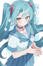  1girl blue_background blue_choker blue_eyes blue_hair blue_neckerchief blue_sailor_collar blue_skirt blush border bow choker closed_mouth collarbone cowboy_shot dated double-parted_bangs hair_between_eyes hair_bow hasei_(hasei01) hatsune_miku highres long_hair looking_at_viewer neckerchief outside_border pink_bow pleated_skirt sailor_collar school_uniform serafuku shirt short_sleeves skirt smile solo sparkle steepled_fingers twintails twitter_username very_long_hair vocaloid white_border white_shirt 