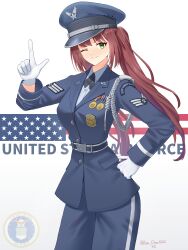  1girl absurdres aiguillette american_flag american_flag_background belt bilingual_commentary blue_belt blue_hat blue_jacket blue_pants blue_shirt chinese_commentary commentary cowboy_shot emblem english_commentary english_text flag_background gloves green_eyes hand_on_own_hip hat highres jacket l_hand leochan1202 long_hair medal military military_dress_uniform military_rank_insignia military_uniform mixed-language_commentary one_eye_closed original pants peaked_cap red_hair shirt smile solo twintails twitter_username united_states_air_force white_background white_gloves 