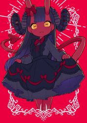  :3 absurdres apron black_apron black_dress black_hair blunt_bangs bow bowtie child colored_sclera colored_skin cropped_legs cross-laced_apron cross-laced_clothes cross-laced_sleeves curled_horns curtsey cyborg demon_girl demon_horns demon_tail dress extra_horns frilled_skirt frills gothic_lolita highres horizontal_pupils horns iwako_(eiken3kyuboy) light_blush lolita_fashion long_hair mechanical_horns original red_background red_bow red_skin skirt tail thorns yellow_eyes yellow_sclera 
