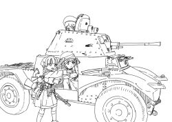  3girls beret bow braid closed_mouth dress from_side goraniougon gun hat headscarf helmet holding holding_paper kneehighs knife looking_ahead looking_at_another military_vehicle monochrome motor_vehicle multiple_girls original panhard_178 paper pointing pointing_forward sketch socks standing tank teeth upper_teeth_only weapon white_background 