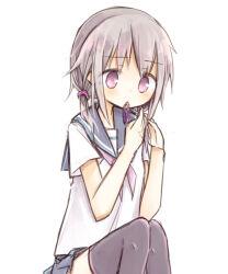  1girl amakaze_sora blue_sailor_collar blue_skirt blush brown_thighhighs feet_out_of_frame grey_hair hair_over_shoulder long_hair low_twintails neckerchief original pink_eyes pink_neckerchief pleated_skirt sailor_collar shirt short_sleeves simple_background skirt solo thigh-highs twintails tying_hair white_background white_shirt 