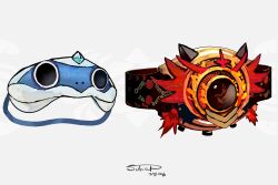  absurdres belt commentary_request dated galarian_darmanitan gem grey_background highres impasto incineroar no_humans object_focus objectification pokemon pokemon_(creature) signature sleep_mask sukepmonster 