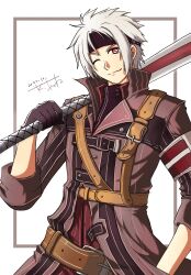  1boy akane_kazami artist_name black_headband coat commentary_request crow_armbrust double-parted_bangs double_blade eiyuu_densetsu grey_coat grey_hair headband highres holding holding_weapon male_focus mullet one_eye_closed sen_no_kiseki_(series) sen_no_kiseki_ii short_hair smile solo spiky_hair sword_tassel tassel weapon weapon_tassel white_background 