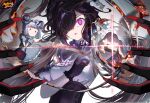  1girl absurdres black_gloves black_hair commentary corset doll english_commentary gawako gloves gothic_lolita hair_ornament hair_over_one_eye highres logo lolita_fashion long_hair mahjong_soul morikawa_ayako official_art solo violet_eyes 