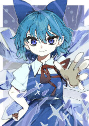  1girl absurdres blue_bow blue_eyes blue_hair blue_skirt blue_vest blush bow cirno collared_shirt commentary_request cryokinesis detached_wings hair_between_eyes hair_bow hand_on_own_hip highres ice ice_wings kuromaru_ira looking_at_viewer medium_hair neck_ribbon puffy_short_sleeves puffy_sleeves red_ribbon ribbon shirt short_sleeves skirt solo touhou vest white_shirt wings 
