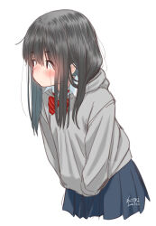  1girl artist_name black_hair blue_skirt blush bow bowtie breasts closed_mouth collar commentary dated dot_mouth dot_nose grey_hoodie hood hoodie leaning_forward long_hair looking_to_the_side messy_hair original pleated_skirt red_bow red_bowtie red_eyes retsumaru sidelocks signature simple_background skirt small_breasts upper_body white_background white_collar 