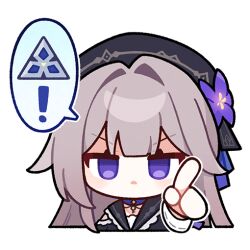  ! 1girl chibi chibi_only commentary english_commentary hat herta_(honkai:_star_rail) herta_(puppet)_(honkai:_star_rail) honkai:_star_rail honkai_(series) jitome long_hair looking_at_viewer official_art pointing pointing_at_viewer sailor_collar solo spoken_exclamation_mark triangle_mouth violet_eyes 