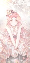  1girl bare_arms bare_shoulders bow brown_eyes chain chain_necklace chinese_commentary circle_skirt closed_mouth colorful_cake_tower_(shining_nikki) commentary_request crown cupcake dress food food-themed_hat forehead full_body gown grey_background hands_on_lap happy hat hat_bow heart heart_necklace highres interruption_(echo-023) jewelry kneeling light_particles lipstick long_dress long_hair makeup making-of_available mini_crown necklace nikki_(nikki) nikki_(series) pink_bow pink_dress pink_hair procreate_(medium) purple_bow red_lips shining_nikki sleeveless sleeveless_dress smile solo very_long_hair waist_bow wavy_hair wrist_bow 