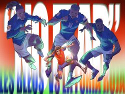  2026_fifa_world_cup 4boys ball bandana_around_arm ethevine french_national_soccer_team_uniform full_body highres kylian_mbappe lamine_yamal male_focus michael_olise mixed-language_commentary multiple_boys ousmane_dembele ponytail real_life running shorts soccer_ball soccer_uniform spanish_national_soccer_team_uniform sportswear world_cup 