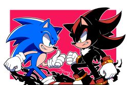  2boys ametoro black_fur blue_fur clenched_hands clenched_teeth furry furry_male grin hedgehog_boy highres looking_at_another male_focus multiple_boys shadow_the_hedgehog smile sonic_(series) sonic_the_hedgehog teeth 