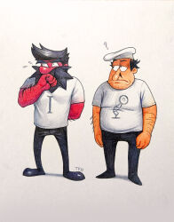  2boys ? antonblast beard chef_hat colored_pencil_(medium) colored_skin commentary covering_own_mouth dynamite_anton english_commentary facial_hair flying_sweatdrops hat highres implied_yaoi male_focus multiple_boys mustache peppino_spaghetti pizza_tower red_skin shirt totesfleisch8 traditional_media translation_request white_background white_shirt 