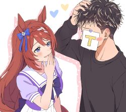  1boy 1girl animal_ears black_hair black_sweater blonde_hair blue_bow blue_eyes blush blush_stickers bow braid brown_hair colored_tips covered_face crown_braid ear_bow earrings gift_art hair_between_eyes hand_on_own_head hand_to_own_mouth heart heart_sticker highres horse_ears horse_girl inuyama_nanami jewelry long_hair long_sleeves looking_at_another multicolored_hair oc_x_canon open_mouth pleated_skirt puffy_short_sleeves puffy_sleeves purple_bow purple_shirt sailor_collar shirt short_sleeves skirt smile sticker streaked_hair super_creek_(umamusume) sweater umamusume very_long_hair white_hair white_sailor_collar white_skirt 