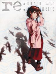  1girl asymmetrical_hair bird_shadow black_leggings black_shirt black_sweater boots brown_boots brown_eyes brown_hair cheezorg commentary copyright_name english_commentary from_side full_body hand_in_own_hair highres ikurarumi iwakura_lain jacket leggings long_sleeves missing_headwear re:_serial_experiments red_skirt serial_experiments_lain shadow shirt short_hair skirt solo standing sweater translation_request turning_head 