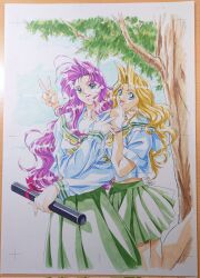  1990s_(style) 2girls antenna_hair blonde_hair brown_eyes cindy_sakurai closed_mouth commentary_request cowboy_shot curtained_hair dated day diploma_tube graduation graduation_(series) green_eyes green_skirt hand_on_another's_shoulder hand_up highres lipstick looking_at_viewer makeup midriff_peek multiple_girls neckerchief open_mouth outdoors pleated_skirt purple_hair purple_lips retro_artstyle sailor_collar school_uniform serafuku signature skirt smile sotsugyou_graduation sotsugyou_ii:_neo_generation standing standing_on_one_leg takagi_reiko traditional_media tree trim_marks umetsu_yukinori wavy_hair white_sailor_collar yellow_neckerchief 