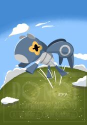  black_eyes blue_sky bug clouds colored_sclera commentary_request cricket grass highres iltuki jumping no_humans nymble orange_sclera pokemon pokemon_(creature) pokemon_focus pokemon_scarlet_and_violet sky 