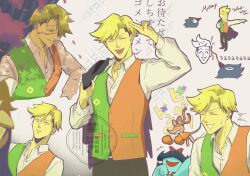  1boy 1girl aqua_(deltarune) arm_up bilingual_text black_hair blonde_hair blue_skin bow boxing_gloves closed_eyes collared_shirt colored_skin commentary deltarune falling_petals flowery_(deltarune) hair_bow hand_up highres holding holding_unworn_clothes holding_unworn_jacket jacket kawkaw_(deltarune) licking mixed-language_text mouse_(animal) multiple_views orange_(deltarune) petals scar scar_on_face shirt short_hair sweat translation_request two-tone_vest u_nashiha untranslatable_commentary unusually_open_eyes unworn_jacket utdr_(toby_fox) v white_shirt yellow_eyes yellow_skin 